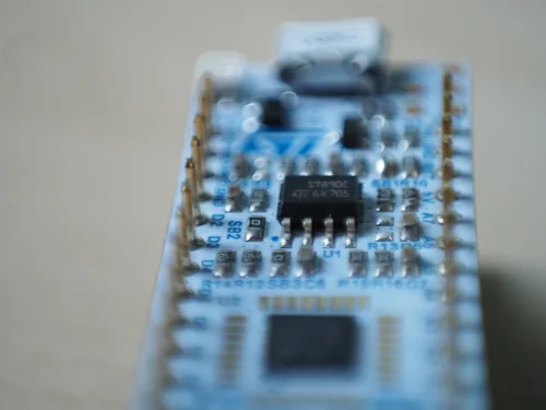 Nahaufnahme eines Mikrocontroller-Boards mit Chips und Stiftleisten