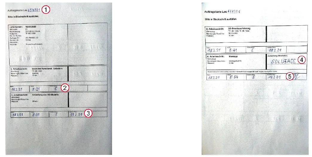 Vorder- und Rückseite einer handschriftlich ausgefüllten Auftragskarte, die zu erkennenden Felder sind mit 1 bis 5 markiert