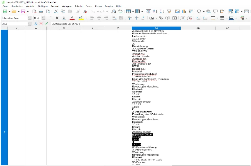 CSV-Ergebnis in LibreOffice Calc: erkannter Text der Arbeitskarte, die handschriftlichen Werte des zweiten Arbeitsschritts sind hervorgehoben